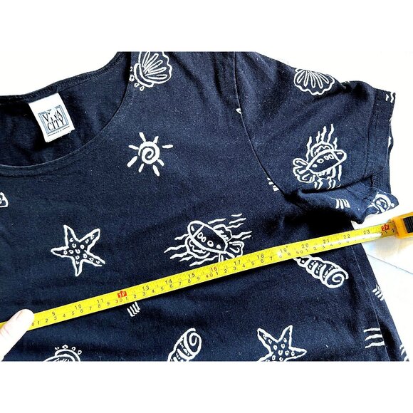 Vintage 90s VIVA CITY USA Knit Black Nautical Summer Shift Dress Size L Unhemmed - Picture 7 of 12